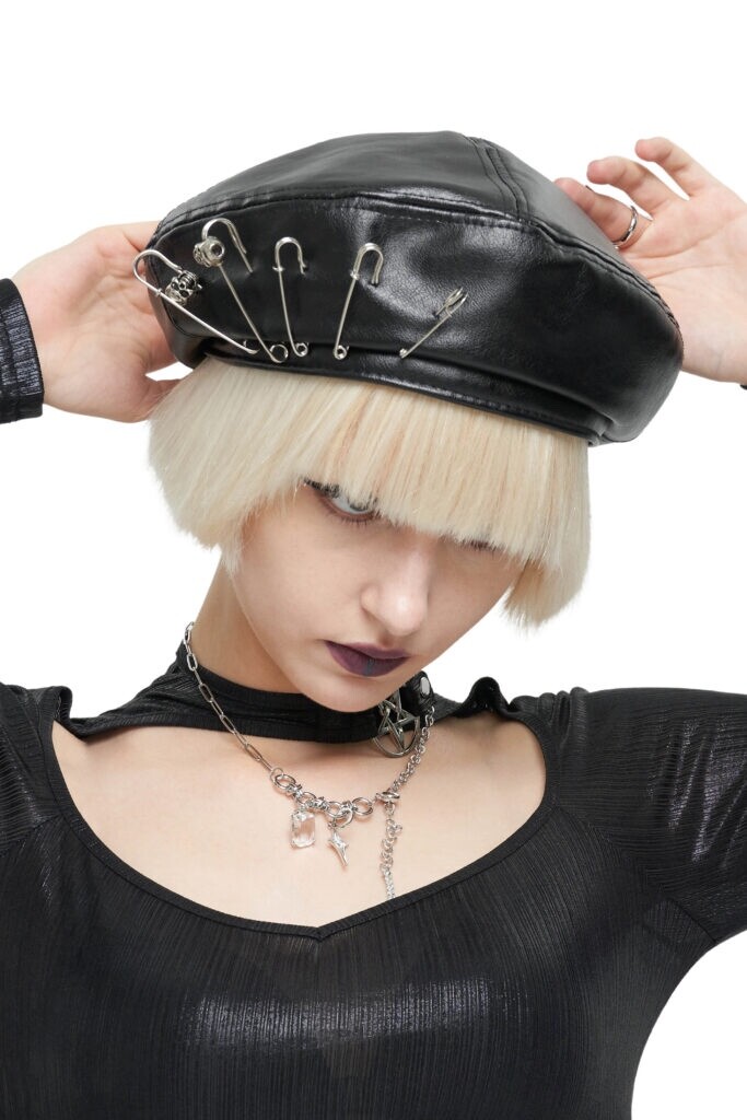 Punk Rock Black Faux Leather Beret Hat with Safety Pins | eBay