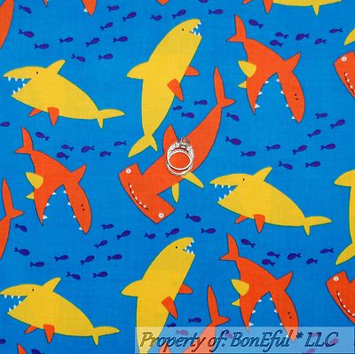 BonEful Fabric FQ Cotton Quilt Blue Orange Yellow SHARK L Hammer Head FISH Ocean