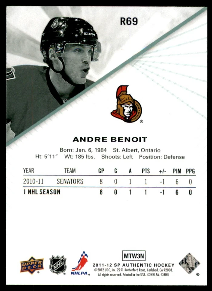 2011-12 SP Authentic Rookie Extended Andre Benoit #R69 - Image 2 of 2