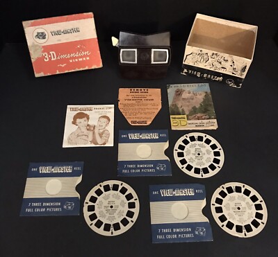 1955's ''Model E'' View-Master Viewer + ORIGINAL BOX & INSERTS, 3 REELS & SLEEVES