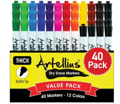 Artellius 40 Pack of Dry Erase Markers (12 ASSORTED COLORS W/ 7 EXTRA BLACK)