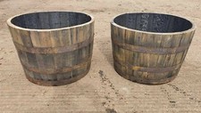 2 x Oak Whisky Half Barrel Country Garden Planters Rustic Wood Cask (Pair Of)