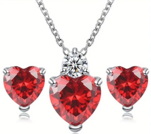 Dazzling Sparkling Teen Zirconia Heart Shaped Stud Earrings And Necklace Set Red - Picture 2 of 2
