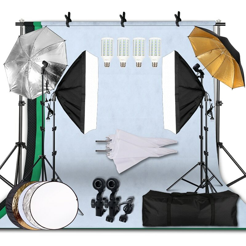 Kit éclairage continu softbox 20W 5500K parapluie photo et fond de studio photo