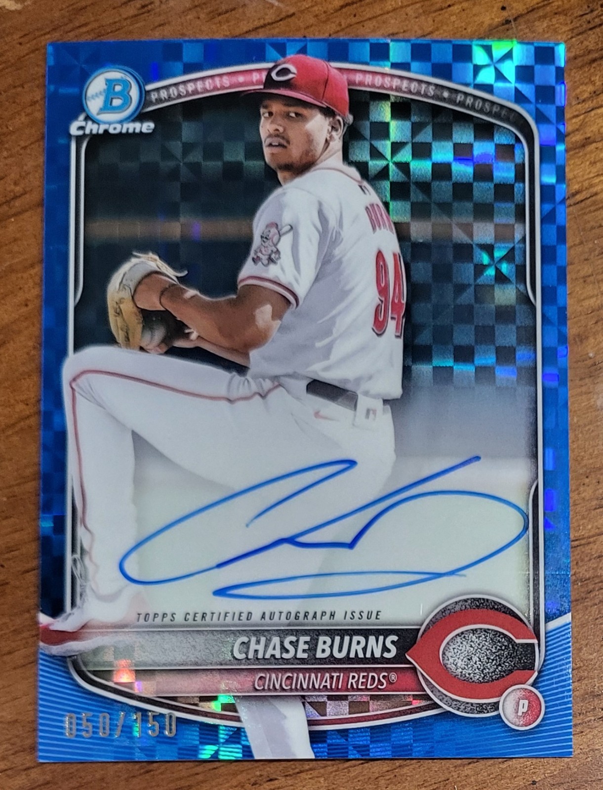 2025 Bowman Chrome Chase Burns #CPA-CB Blue X-Fractor Auto #/150 CIN Reds