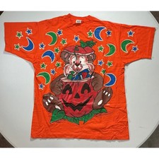 VTG USA Made Single Stich AOP Halloween 90s Orange Bear Pumpkin T Shirt XL