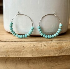 Half Turquoise and Silver Hoop Earrings