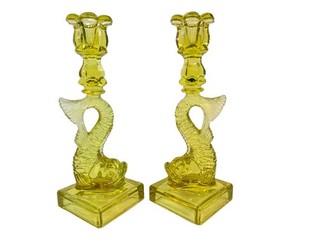 Boston and Sandwich Uranium Glass Dolphin Koi Candlesticks Glows