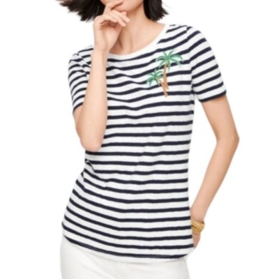 Talbots 100% Cotton Palm Tree Striped Tee Women's Medium Beaded Tropical Beach
