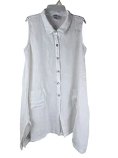 Match Point USA Sleeveless Linen Tunic Button Front Lagenlook Asymmetrical Hem