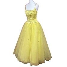Tiffany Designs Yellow Beaded Ball Gown Prom Dress Star Detail SMALL SZ 8 READ