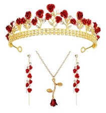 3pc Red Rose Tiara Bridal Crown Birthday Wedding Gift Gold Diamond Prom Metal