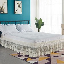 Ivory Lace Bed Skirt for Queen Bed - 15in. Drop, Easy Fit Ruffle Bedskirt Wrap