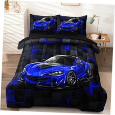 3 Pcs Race Car Twin Boys Bedding Set, Blue Sports Car Twin Twin-3pcs Blue-02