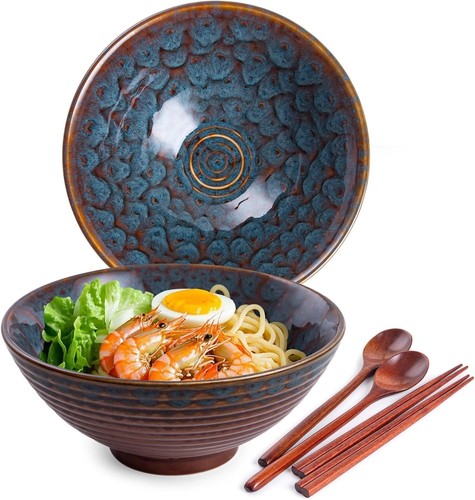 1200ml Ceramic Ramen Bowl Set of 2 Japanese Noodle Bowls with Spoons and Chopst - Picture 1 of 7