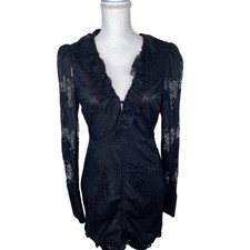 Alexis V Neck Ruffle Bodycon Cocktail Dress Size M Black Lace Long Sleeve