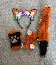 Fox Costume Ears Set: Floral Ears Headband, Tail  Paw Cuffs, Orange/Black