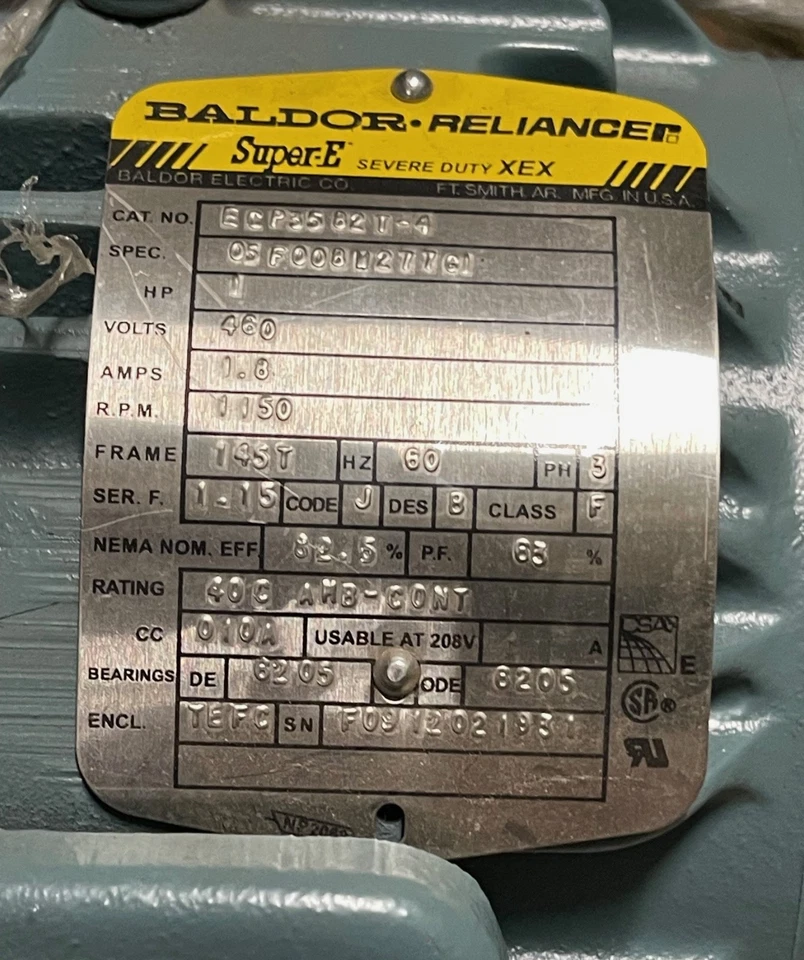 BALDOR-RELIANCE ECP3582T-4 SUPER-E SEVERE DUTY XEX MOTOR 460V 3PH 1HP 1.8A - Image 4 of 4
