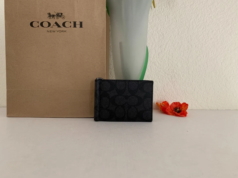 NWT COACH CY059 Slim Money Clip Billfold Wallet In Signature Canvas & Leather - Image 2 of 4