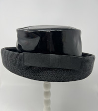 Vintage Black Pillbox Hat Patent Straw Grosgrain Bow Mod Jackie O Style