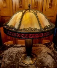 Large Antique Signed Bradley and Hubbard 16 Panel Slag Glass Table Lamp