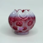 Vtg Fenton Cranberry Opalescent Coin Dot Crimped Rim Rose Bowl w/ Sticker 3 1/2"