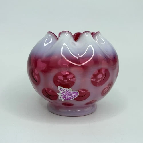 Vtg Fenton Cranberry Opalescent Coin Dot Crimped Rim Rose Bowl w/ Sticker 3 1/2"