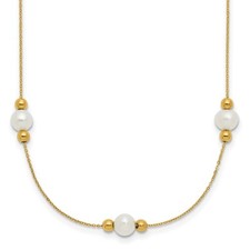 14K Yellow Gold Polished FWC Pearl and Bead 3 Station Necklace 16" w/2in ext.
