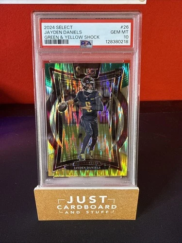 2024 Panini Select - Jayden Daniels #26 Green & Yellow Shock Prizm (RC) PSA 10