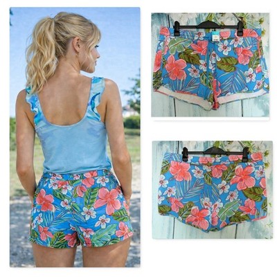MATALAN blau Blumen Shorts Größe 20, tropische Baumwolle Sommer Urlaub Freizeit Strand