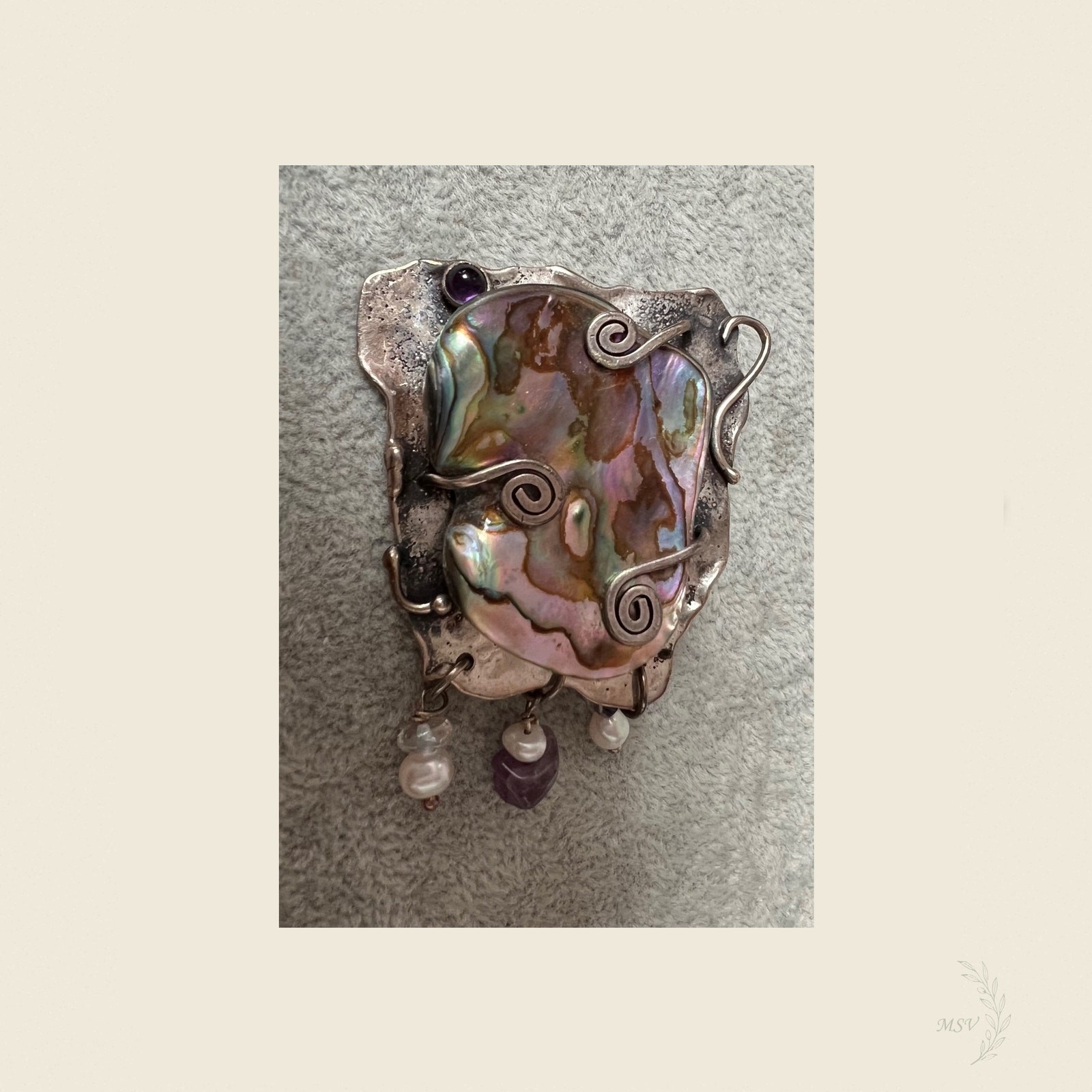 Artisan Abalone Shell Studio Brooch Amethyst Pear… - image 2