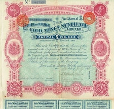 ENGLAND ENGLISH & FRENCH GOLD MINES SYNDICATE 5 SH 1895 stock certificate/bond