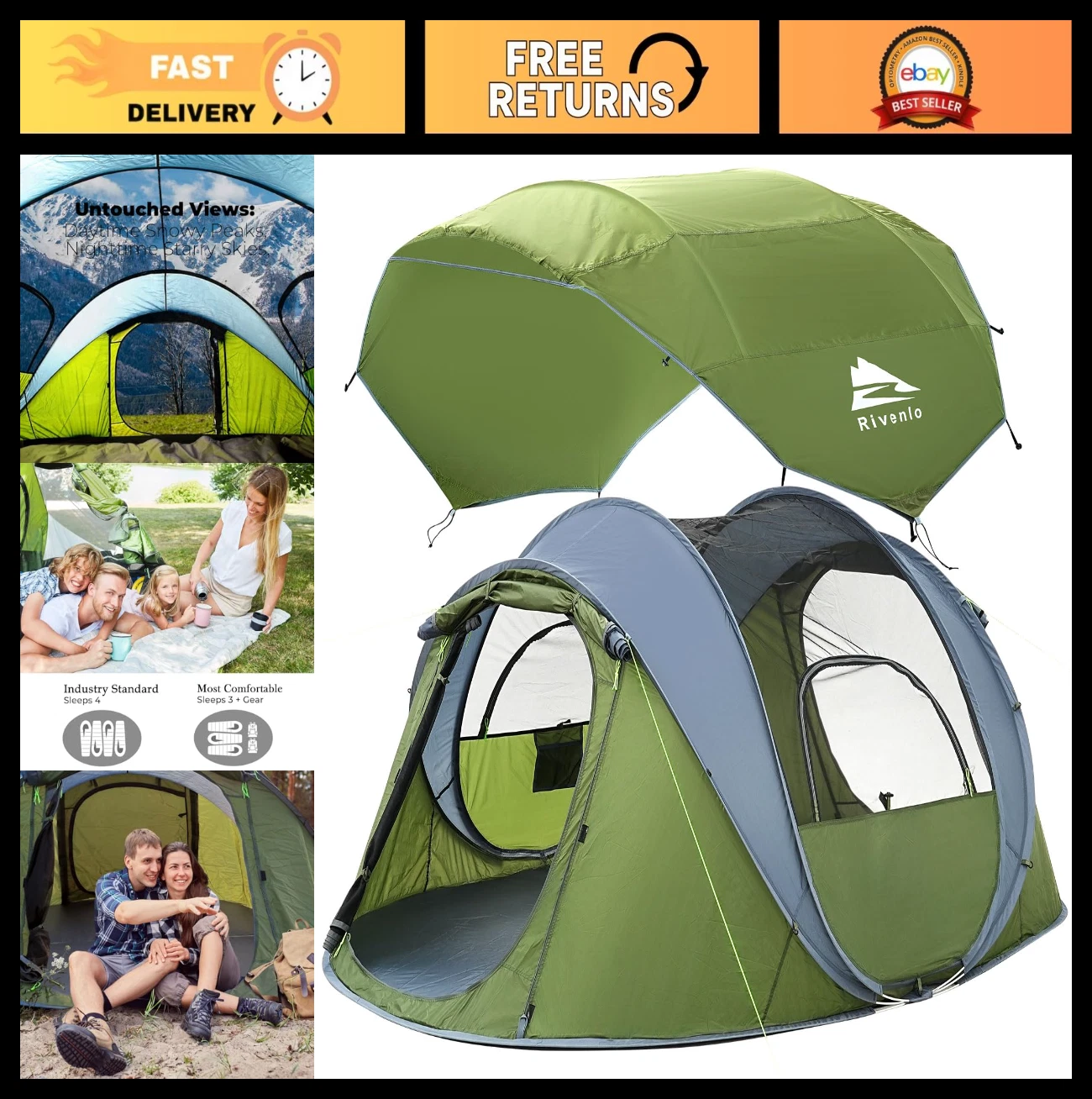 4-Person Instant Pop Up Tent, Waterproof Family Camping Tent, 2 Doors, Easy Setu