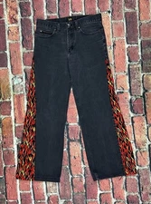 Y2K Vintage Lee Black Jeans Wide Leg Flames Upcycled Flare Denim Men’s 33x32