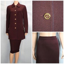 St. John Collection Brown Jacket Skirt L Size 12 14 2pc Suit Gold Buttons Collar