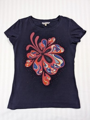 Damen Fat Face Tshirt UK 12 Blumenmuster Navy Rosa Stretch Cotton Rich