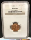 1939 1c Lincoln Cent Wheat Penny NGC MS65 RD Red Philadelphia Mint Coin GEM BU