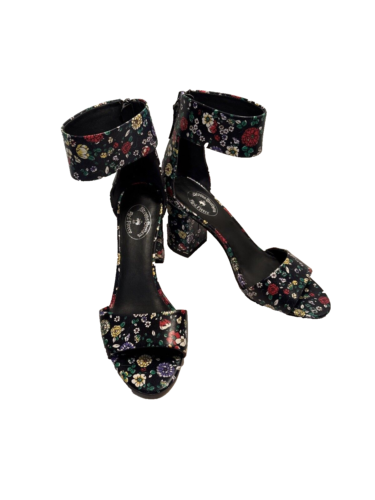 New Brooks Brothers W-9 Shoes Colorful Flowers Block Stacked Heel Sandals Black