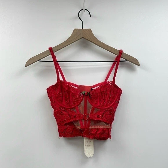 Nuevo con etiquetas For Love & Lemons Rosa Floral Encaje Corazón Bustier Lencería Top Sexy Rojo XS Foto 3 de 4