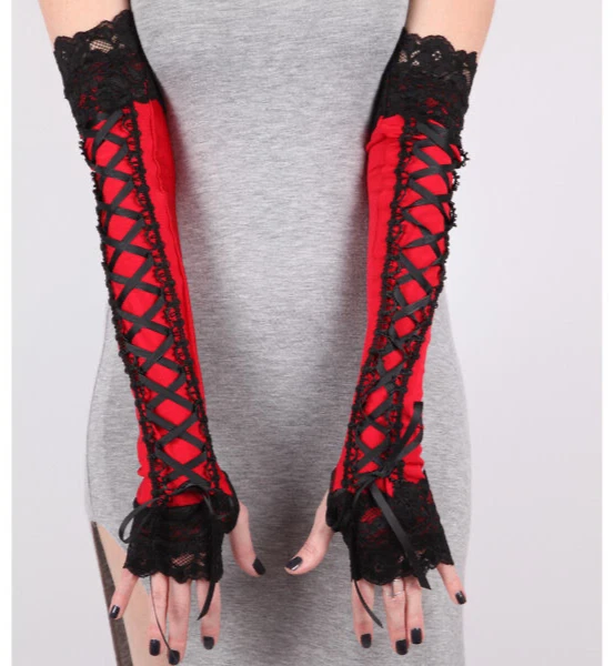 Guantes Corsé Largos Negro Rojo Con Cordones Calentadores de Brazos Gótico Boda Nupcial Mangas Foto 3 de 4