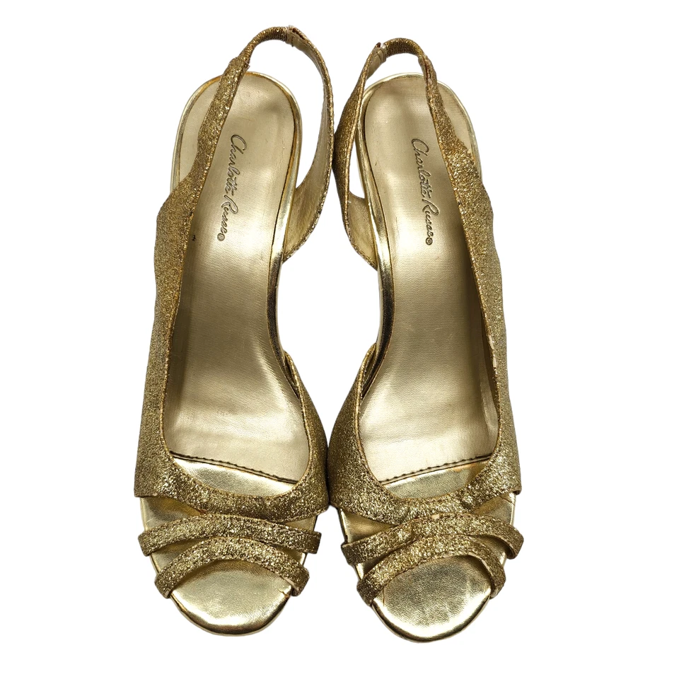 Tacones Charlotte Russe 6 dorados brillantes gatito graduación tiras noche Foto 3 de 4