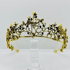 Baroque style tiara crown gold with black stones filigree dragonflies