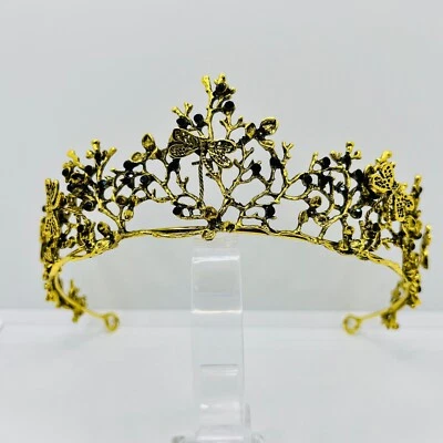 Barockstil Diadem Krone Gold mit Schwarzen steinen Filigranen Libellen - Bild 1 von 4