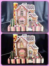 Vtg TRADITIONS Large Illuminated Gingerbread House With Santa WORKS  14x12x10