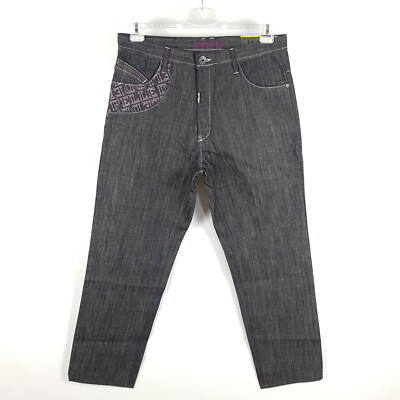 Pelle Pelle Baggy Jeans Mens Grey Straight Cross Fit Embroidered Hip Hop 90s 00s