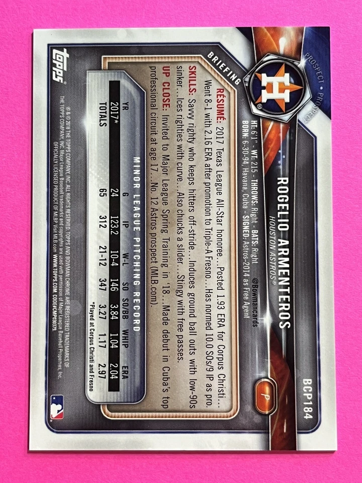 2018 Bowman Chrome Prospects Purple Refractors #BCP184 Rogelio Armenteros /250 - Image 3 of 3