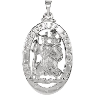 14K White Gold Oval St. Christopher Medal Pendant L-25mm, W-18Mm