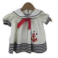 Vintage 80s Nautical Sailor Short Sleeve Embroidered Dress Size 18 M Baby Stripe