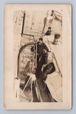 Navy Sailors Boarding Submarine (?) from Warship RPPC Antique Photo 1910s