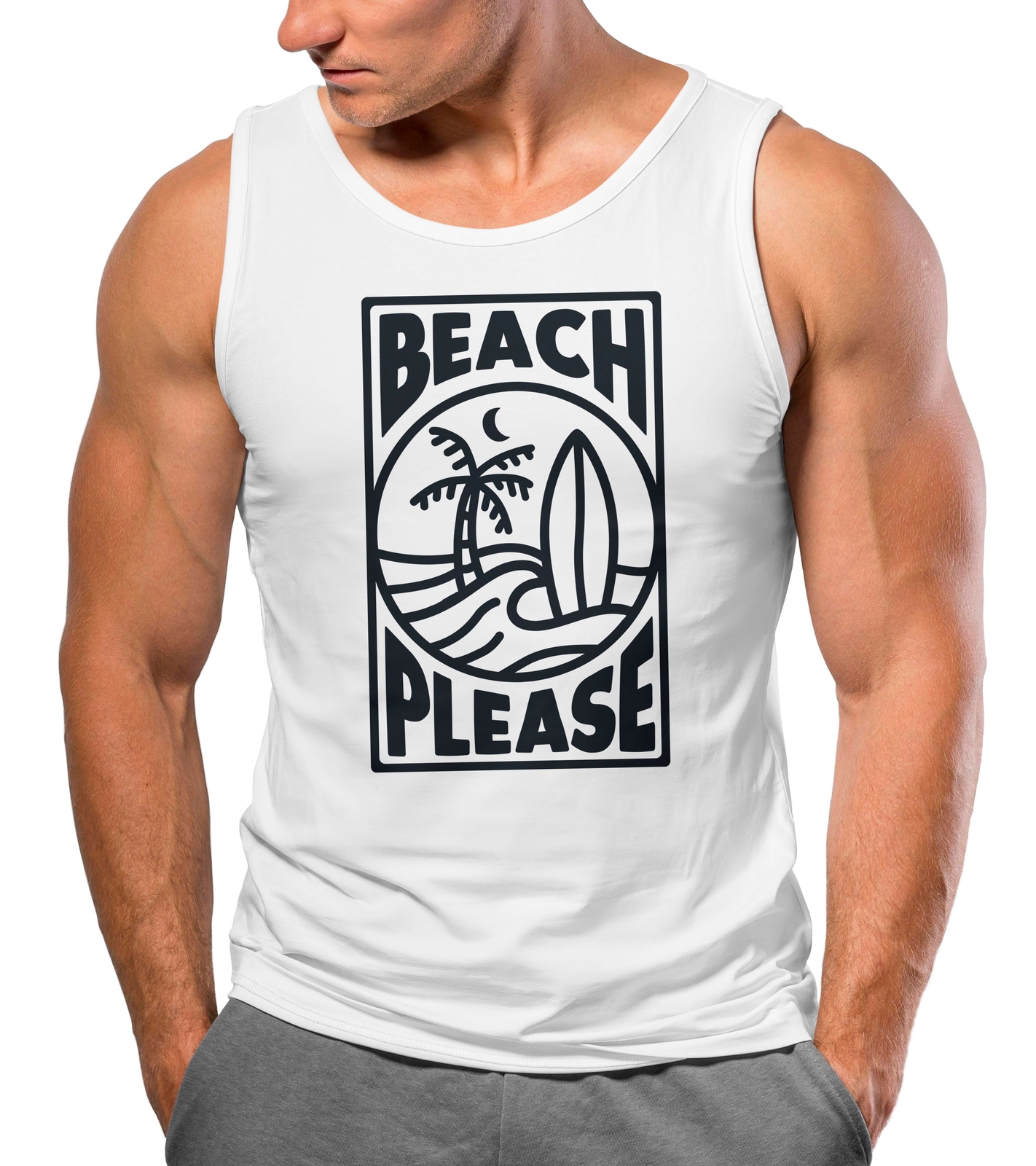 Herren Tank-Top Beach Please Surfing Surfboard Wave Welle Sommer Print Fashion